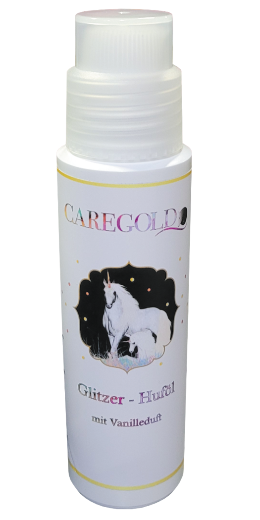 Caregold Glitzer - Huföl (Leere 200 ml Flasche mit Büstenkopf zum Nachfüllen)